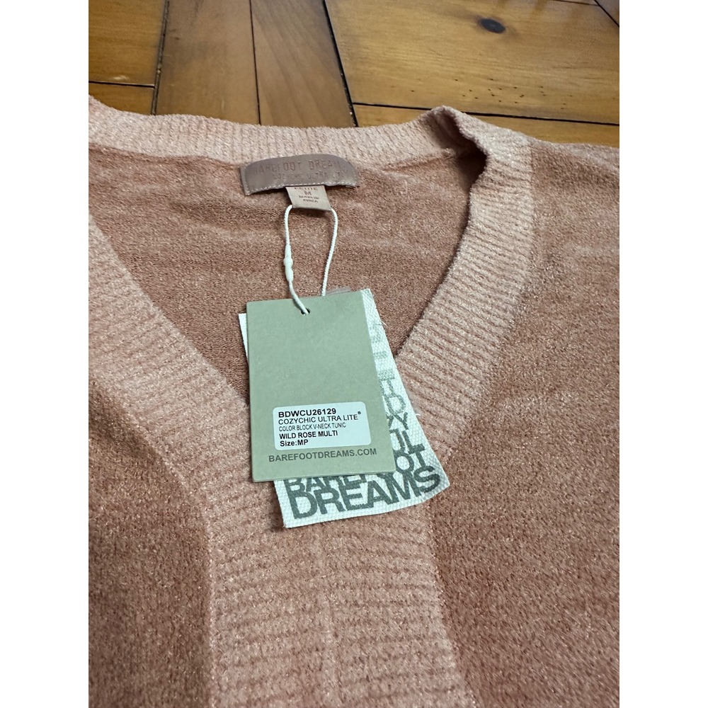 Barefoot Dreams CozyChic Ultra Lite Color Block V-Neck Tunic Wild Rose MP NEW - Picture 3 of 9
